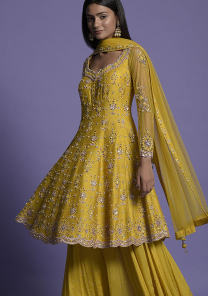 Yellow Silk Sequin Embroidered Short Anarkali Set