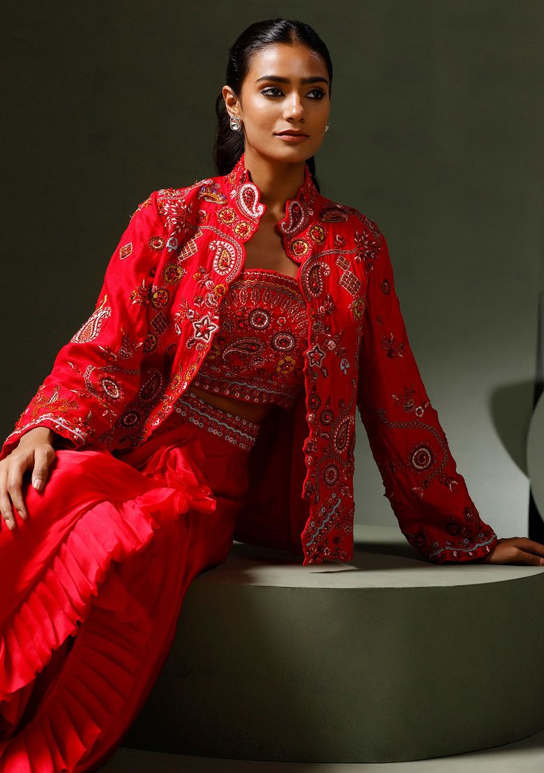 Red Embroidered Silk Jacket And Drape Skirt Set