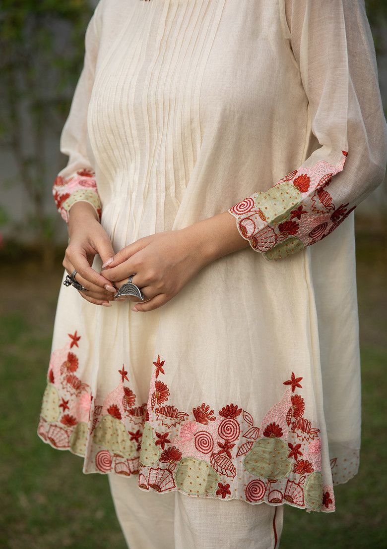 Ivory Embroidered Handwoven Cotton Silk Tunic Set