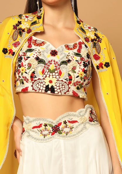 White And Yellow Cape Sharara Set