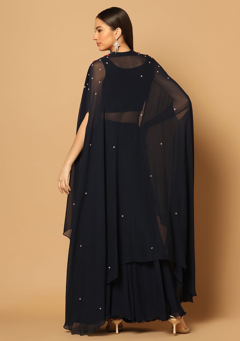 Navy Blue Cape And Sharara Set