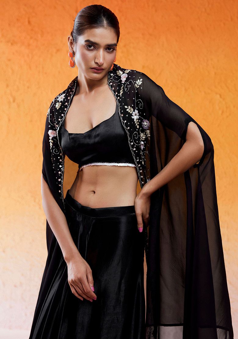 Black Sequin Embroidered Draped Skirt Set With Cape