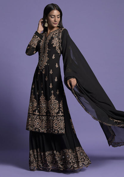 Black Skirt With Embroidered Blouse And Cape Set