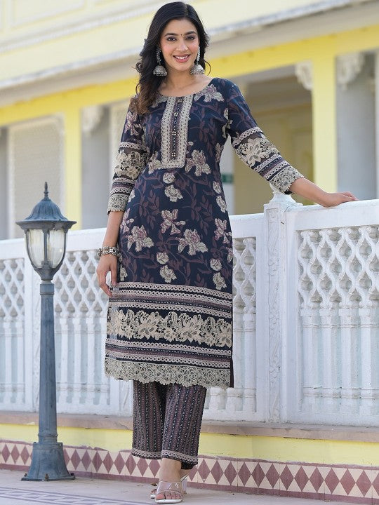 Black Floral Printed Pure Cotton Pakistani Style Kurta With Trousers & Dupatta