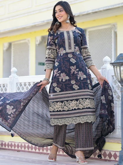 Black Floral Printed Pure Cotton Pakistani Style Kurta With Trousers & Dupatta