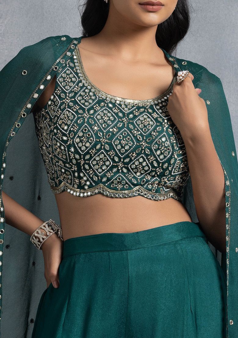 Deep Green Sharara Set With Sequin Hand Work Blouse And Dupatta