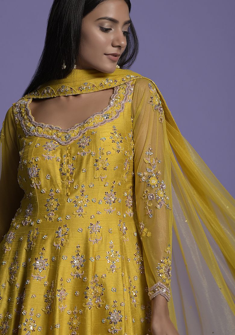 Yellow Silk Sequin Embroidered Short Anarkali Set