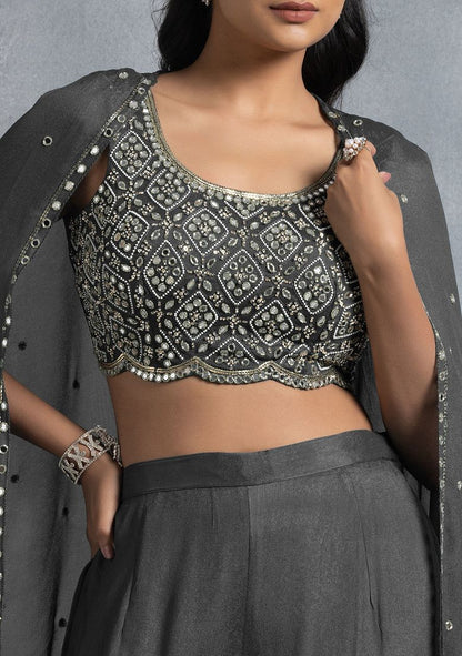 Grey Sharara Set With Bead Mirror Hand Embroidered Blouse And Embellished Jacket