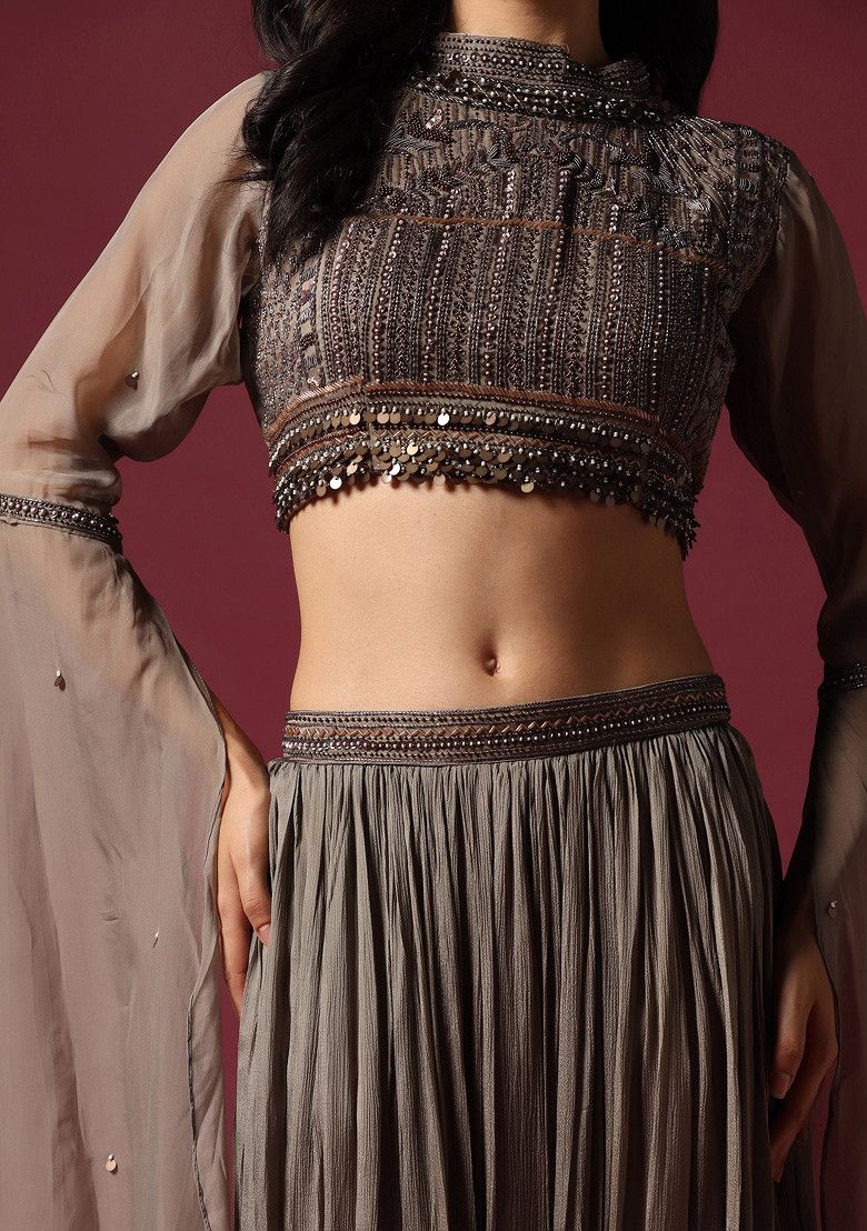 Grey Hand Embroidered Lehenga Set