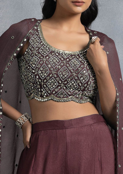 Wine Sharara Set With Bead Mirror Hand Embroidered Blouse And Embellished Jacket