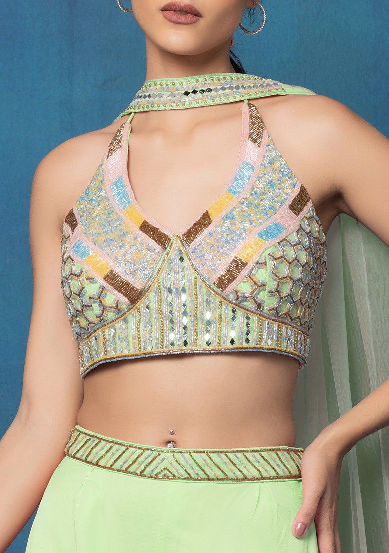 Pastel Green Sharara Set With Multicolour Mirror Hand Embroidered Blouse And Dupatta