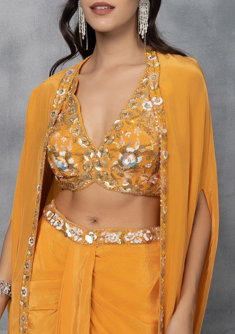 Mustard Yellow Embellished Jacket Set With Floral Embellished Blouse And Skirt