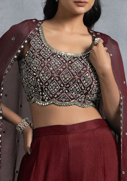 Maroon Sharara Set With Bead Mirror Hand Embroidered Blouse And Embellished Jacket