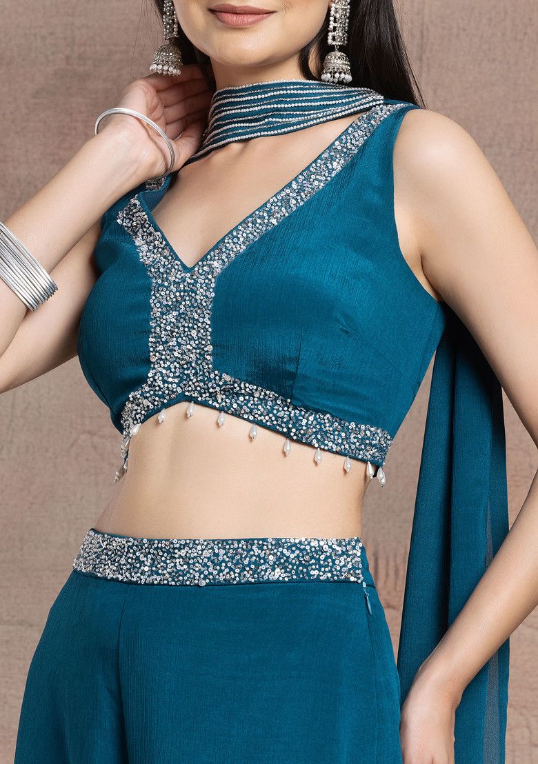 Teal Palazzo Set With Sequin Pearl Embroidered Blouse And Choker Dupatta