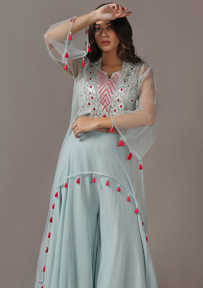 Blue Gota Sheer Kurta And Bustier With High Waisted Pants Set