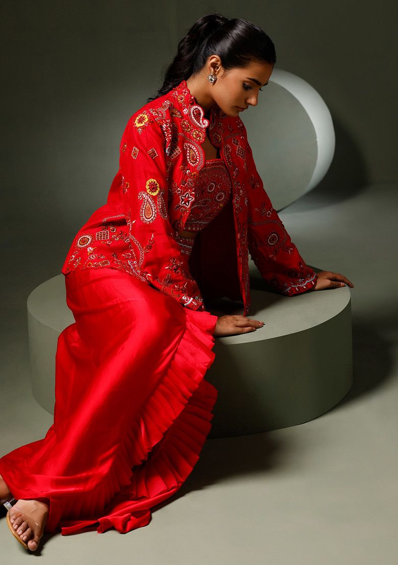 Red Embroidered Silk Jacket And Drape Skirt Set