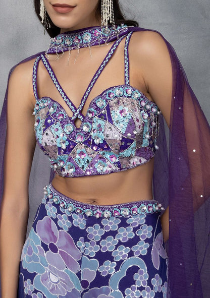 Purple Floral Print Sharara Set With Sequin Embellished Blouse And Dupatta