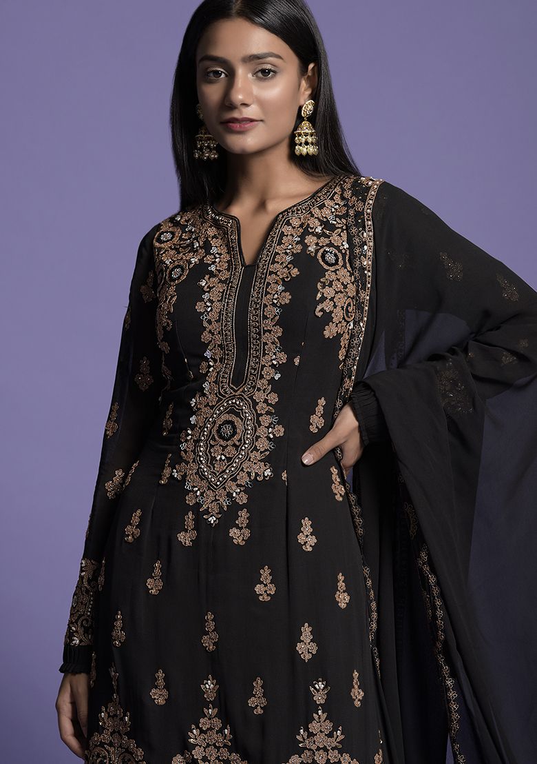 Black Skirt With Embroidered Blouse And Cape Set