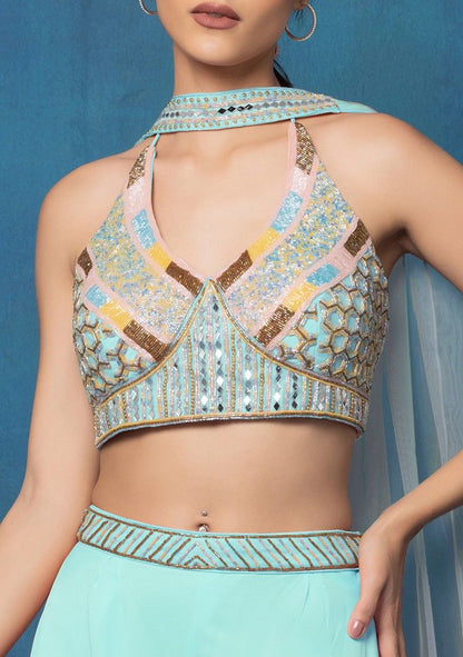 Pastel Blue Sharara Set With Multicolour Mirror Hand Embroidered Blouse And Dupatta