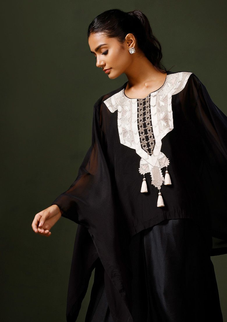 Black Embroidered Cape And Drape Skirt Set