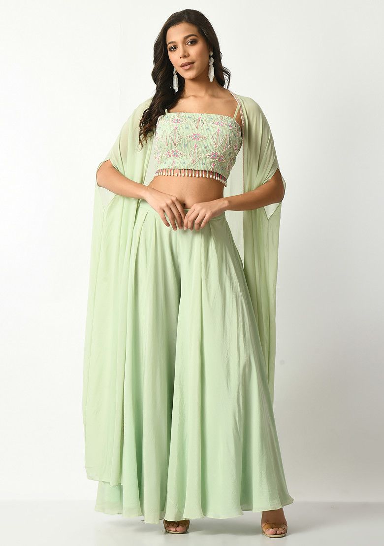 SALT AND SPRING Mint Green Sequin Embroidered Pants Set With Cape