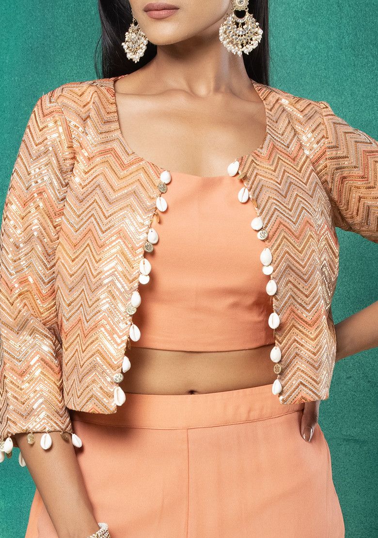 Peach Multicolour Chevron Thread Embroidered Short Jacket Set With Blouse And Sharara