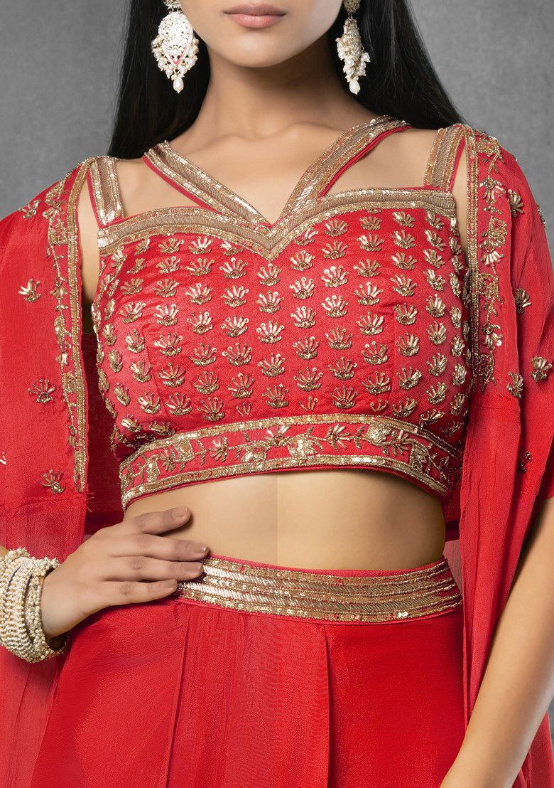 Red Jacket Set With Floral Sequin Hand Embroidered Blouse And Pleated Skirt