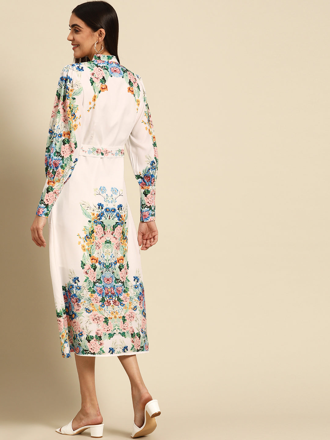 Vintage Floral Printed Straight Dress with Belt - White