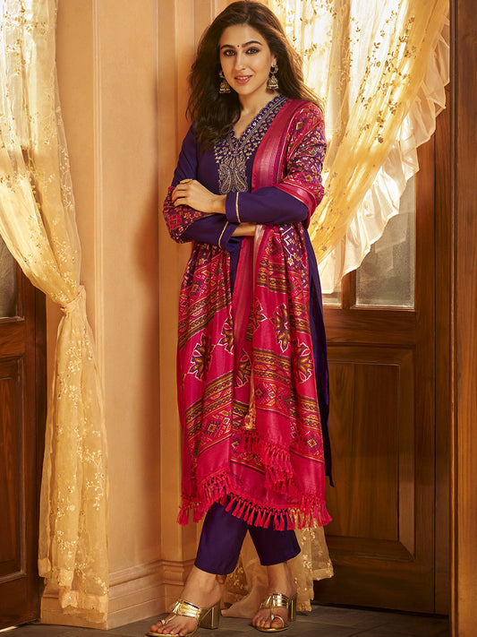 Solid Zari Embroidered Straight Fit Kurta with Pant & Patola Printed Dupatta - Deep Purple