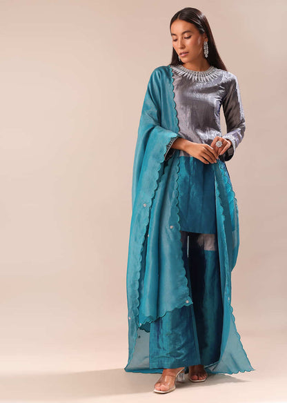 Aqua Green Embroidered Kurta Palazzo Set