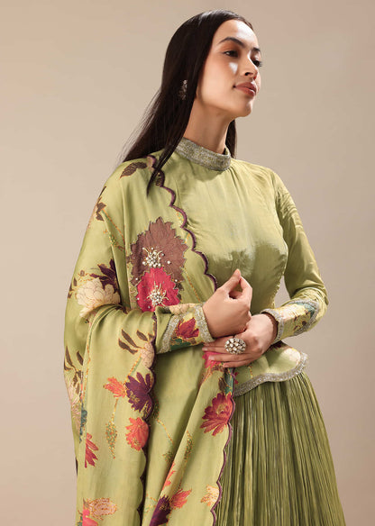 Bamboo Green Embroidered Kurta Skirt Set