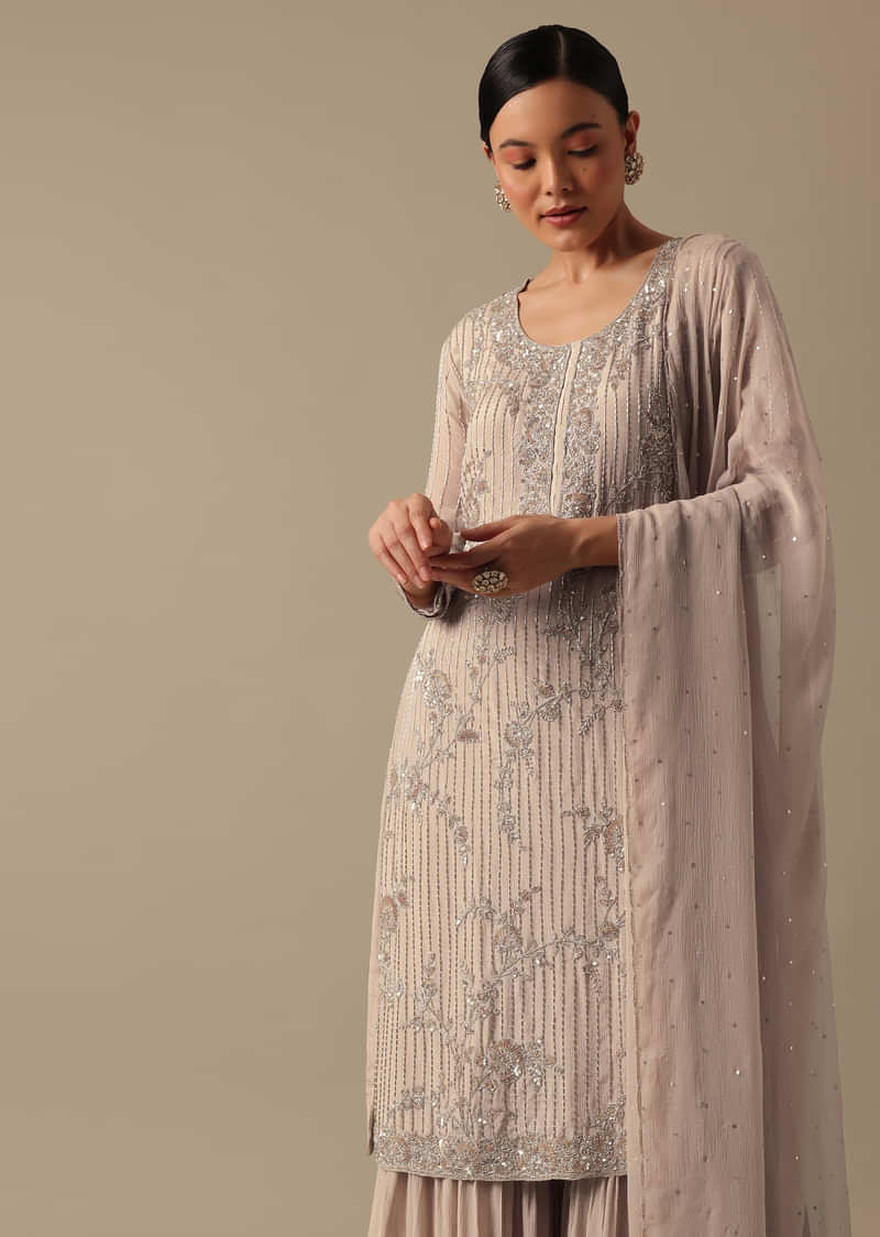 Beige Kurta And Sharara Set With Zardozi Work