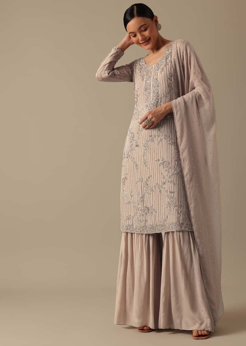 Beige Kurta And Sharara Set With Zardozi Work