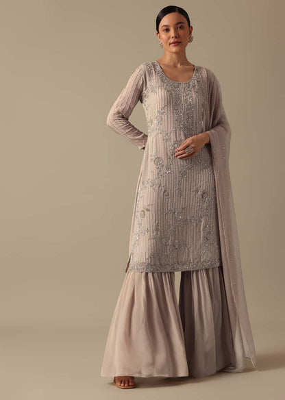 Beige Kurta And Sharara Set With Zardozi Work