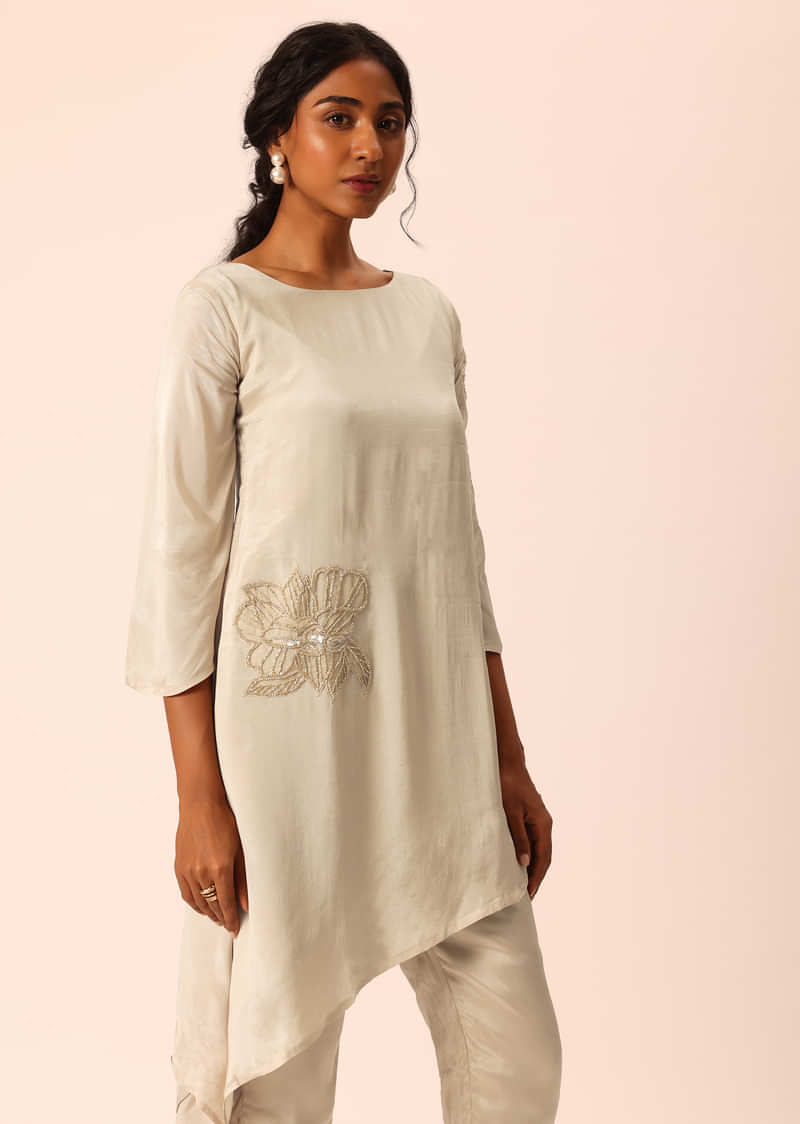 Beige Kurta Set With Asymmetric Hemline