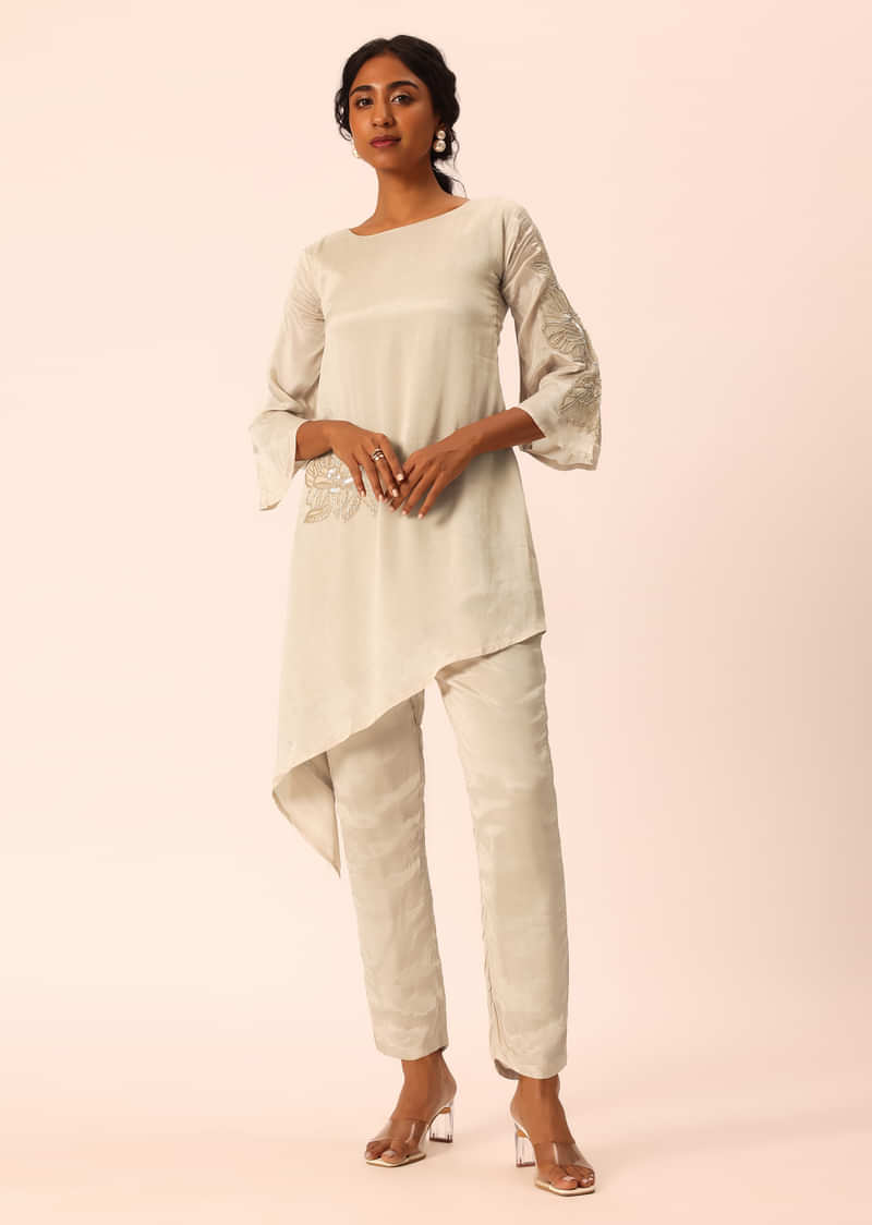 Beige Kurta Set With Asymmetric Hemline