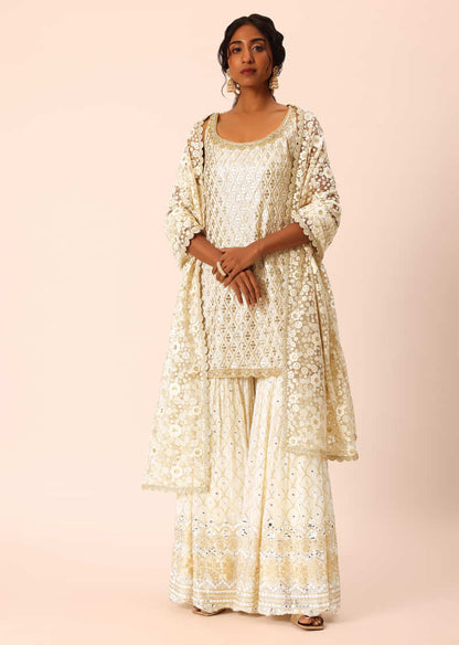 Beige Kurta Sharara Set With Foil Mirror Work