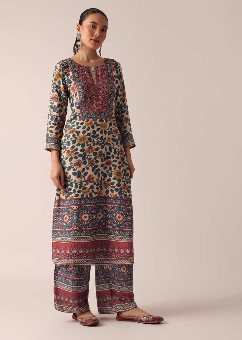 Beige Printed Kurta And Pant Set