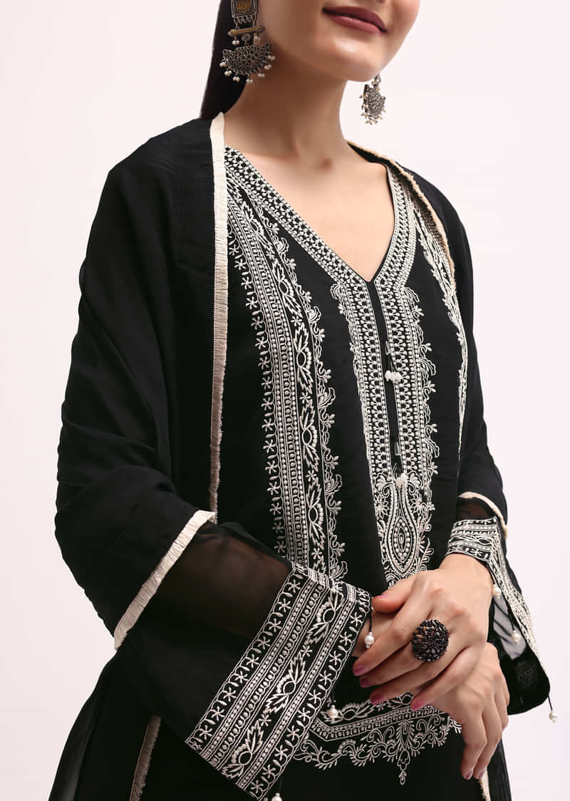 Black Chanderi Kurta Set With Dupatta