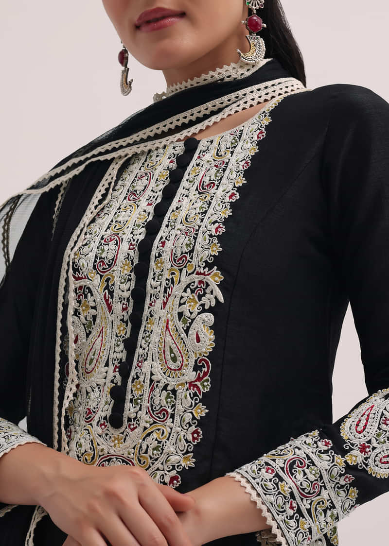 Black Embroidered Silk Kurta Pant Set