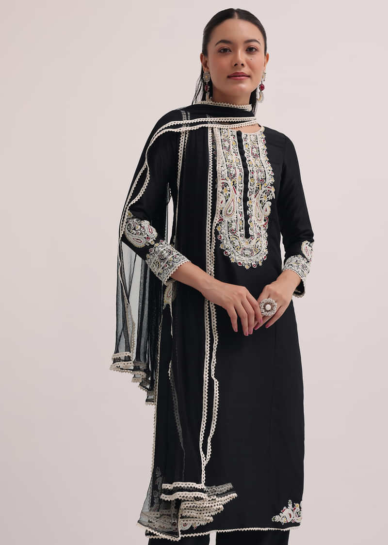 Black Embroidered Silk Kurta Pant Set