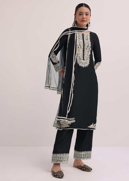 Black Embroidered Silk Kurta Pant Set