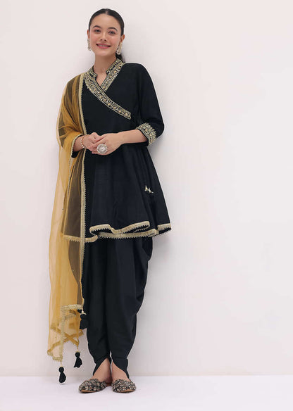 Black Embroidered Tussar Kurta Dhoti Set