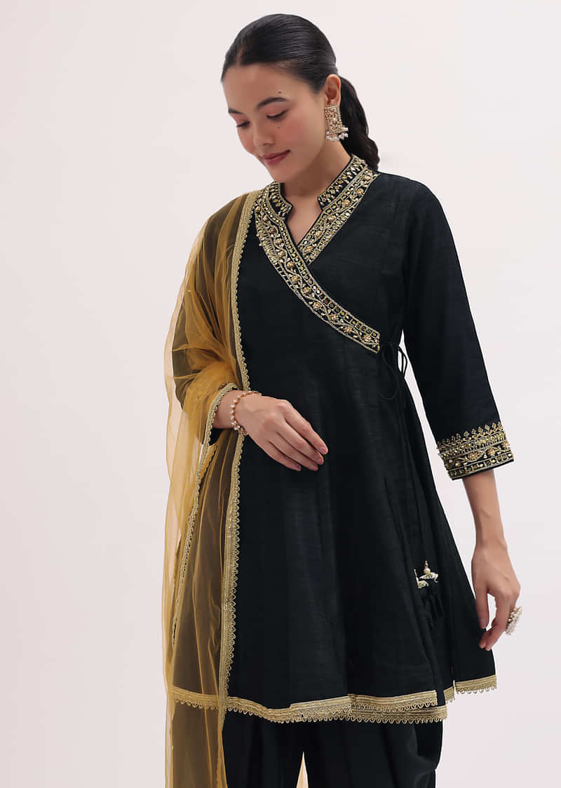 Black Embroidered Tussar Kurta Dhoti Set