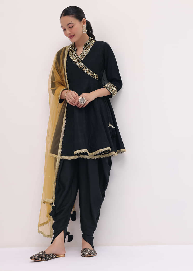 Black Embroidered Tussar Kurta Dhoti Set