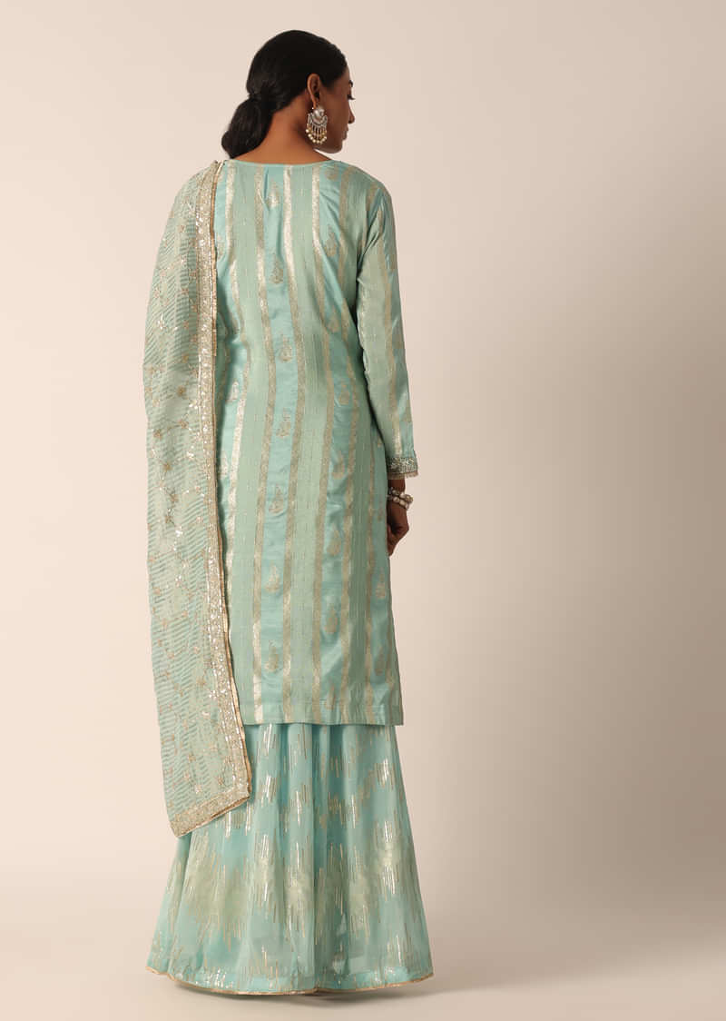 Blue Chanderi Embroidered Kurta And Skirt Set