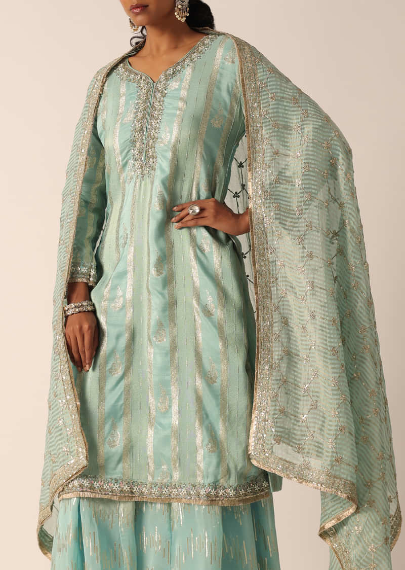 Blue Chanderi Embroidered Kurta And Skirt Set