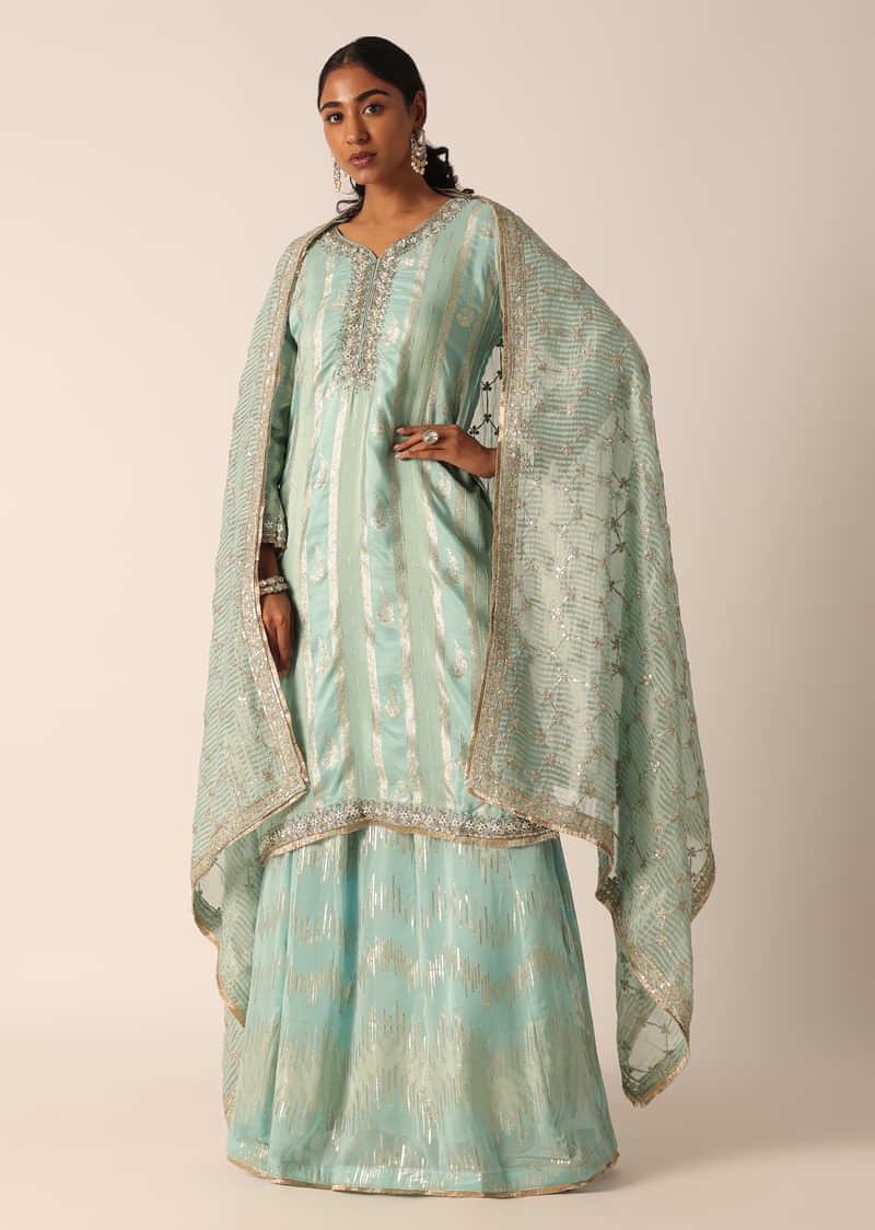 Blue Chanderi Embroidered Kurta And Skirt Set