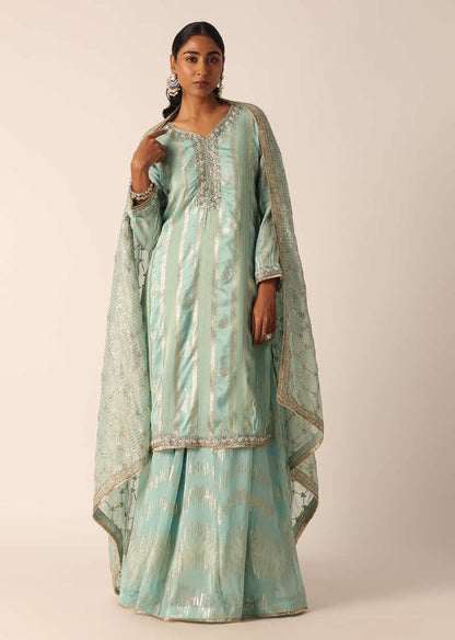 Blue Chanderi Embroidered Kurta And Skirt Set