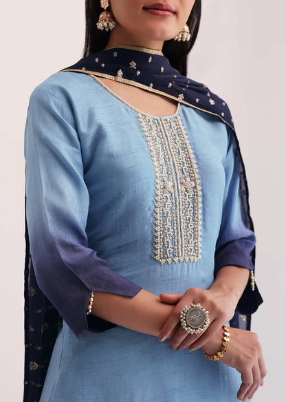 Blue Ombre Embroidered Kurta Set